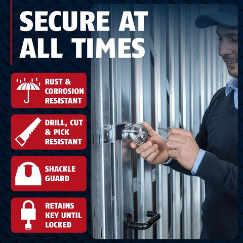 Man securing door with Diskus 20 To 70mm Padlock With Key 70mm Heavy Duty Stainless Steel Lock for outdoor and storage use.
