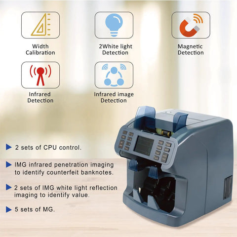 Bank Grade Money Counter And Sorter With Built In Printer Two Pocket Design For Mixed Denominations displayed on a table