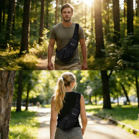 Man and woman wearing Lightweight Outdoor Sling Bag For Men And Women Crossbody Chest Pack in a forest setting