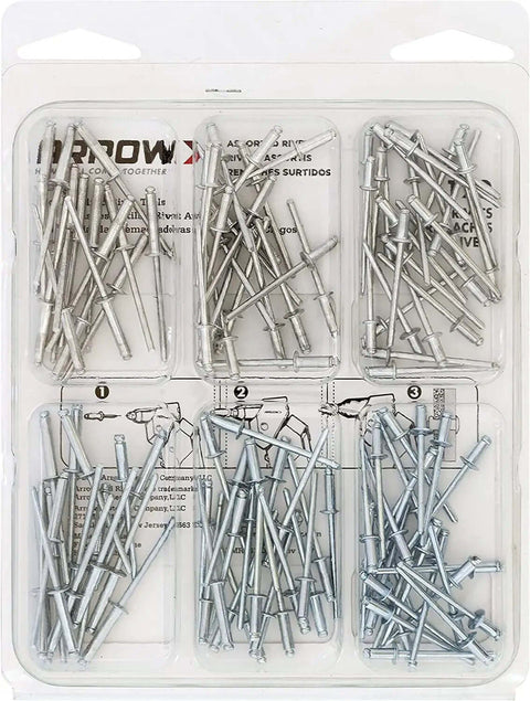 Pop Rivet Assortment Kit For Metal Fabric Leather And Auto Repair One Eighth Inch Rivets Aluminum And Steel 120 Pack display