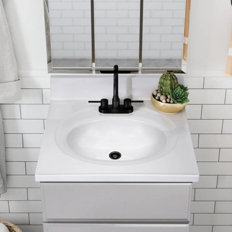 Top view of 25 Inch Cultured Marble Vanity Top With Integrated Oval Sink And Backsplash White Pre Drilled For Three Faucet Holes Centerset