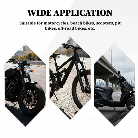 Collage showing motorcycle, bicycle, and scooter; Built Tough Motorcycle Chain Breaker Tool Adjustable From 420 To 530 Chain Size Master