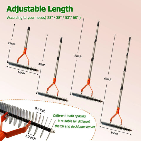 Workhorse Thatch Rake with 68 inch adjustable handle showing different lengths and dethatching head with tooth spacing detail.
