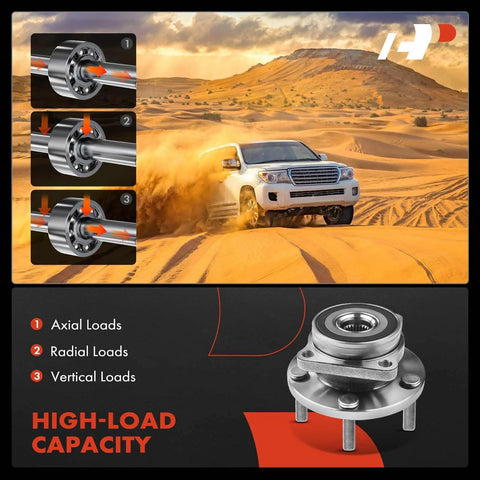 Diagram showing axial, radial, vertical loads on twin pack wheel bearing and hub assembly 5 lug compatible with Subaru models 2004-2021