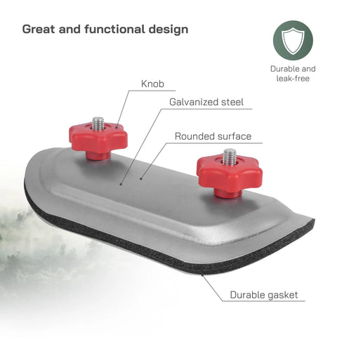 Front view of a 4-inch round galvanized steel duct access door with rubber gasket and red knobs