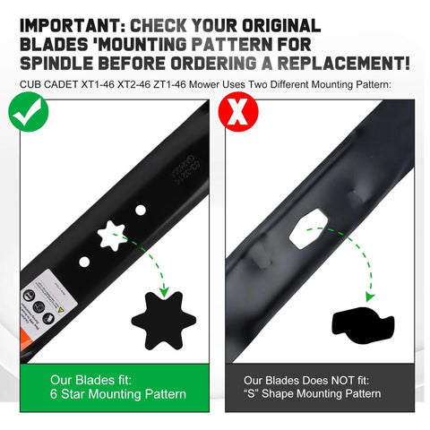 Diagram of 46 Inch Mower Blades For Cub Cadet Enduro XT1 XT2 Zero Turn Lawn Tractor Mulching Replacement With Six Star Mounting Pattern.