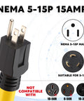 Heavy Duty Nema 5-15P To L6-30R Generator Welder Adapter Cord Delivering 125 Volt 15 Amp Power For Plasma Cutters Plus Job Site Gear With Easy As Pie Plug And Play Wiring showing NEMA 5-15P male plug.