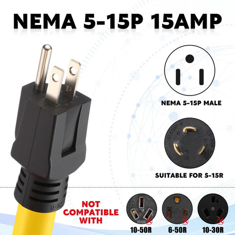 Heavy Duty Nema 5-15P To L6-30R Generator Welder Adapter Cord Delivering 125 Volt 15 Amp Power For Plasma Cutters Plus Job Site Gear With Easy As Pie Plug And Play Wiring showing NEMA 5-15P male plug.