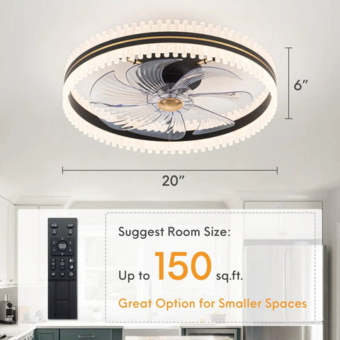 Dope Bladeless 20 Inch Indoor Flush Mount Ceiling Fan With Lights And Remote App Control displayed in small room