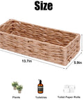 Must Have Woven Tissue Holder And Toilet Paper Organizer Box with dimensions and uses displayed; 13.7in x 5.9in x 3.3in
