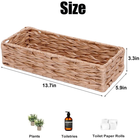 Must Have Woven Tissue Holder And Toilet Paper Organizer Box with dimensions and uses displayed; 13.7in x 5.9in x 3.3in