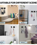 Two Pack Stainless Steel Black Matte Towel Hooks used in various rooms including bathroom, kitchen, living room, and bedroom.