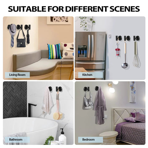 Two Pack Stainless Steel Black Matte Towel Hooks used in various rooms including bathroom, kitchen, living room, and bedroom.