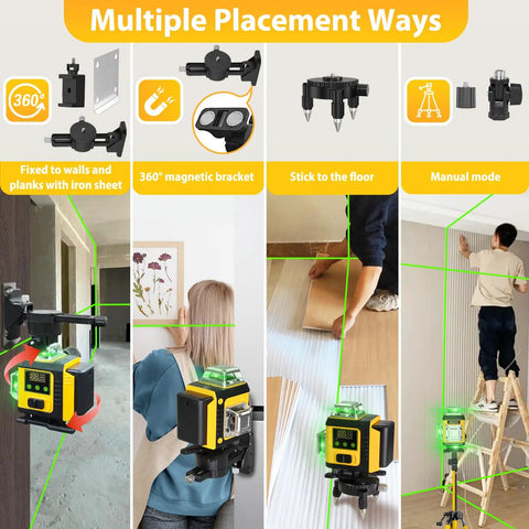 360 Degree Self Leveling Laser Level With Tripod For Construction, Green 4D Laser, mounted on wall bracket for layout and leveling