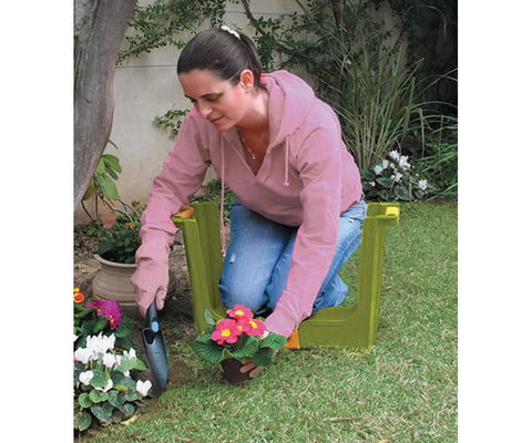 Woman using Garden Kneeler And Seat With Storage Compartments, Heavy Duty 255 Lbs Capacity, Cushioned Knee Pad outdoors