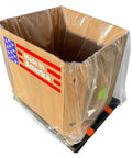 Heavy Duty White Gaylord Box Liners For Industrial Tote Bins Up To 55 By 55 By 75 Inches, fitted inside a wooden container.