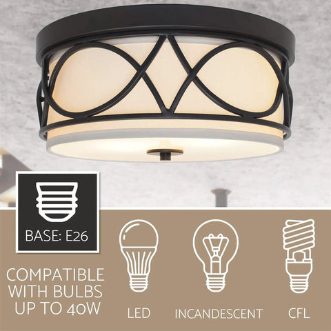 Super Sleek Modern 13 Inch Two Light Flush Mount Ceiling Light With Metal Drum Shade And Cream Inner Shade, Frosted Glass Diffuser, Oil Rubbed Bronze Finish, Easy Install, Transitional Style