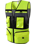 Heavy Duty High Visibility Safety Vest Featuring Breathable Mesh Lining Multiple Storage Pockets And Bright Fluorescent Yellow Fabric For Construction Crew Daily Grind And Rugged Shop Tested Workwear, front view with multiple pockets.