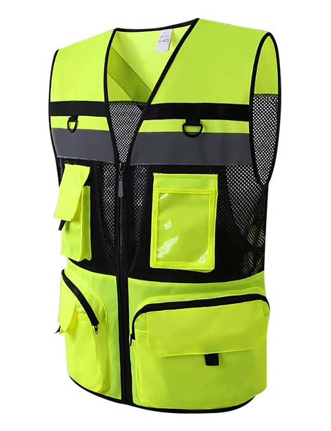 Heavy Duty High Visibility Safety Vest Featuring Breathable Mesh Lining Multiple Storage Pockets And Bright Fluorescent Yellow Fabric For Construction Crew Daily Grind And Rugged Shop Tested Workwear, front view with multiple pockets.