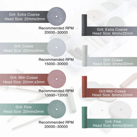 All In One Rotary Tool Polishing Wheels Kit Pro Grade with grit and size details for silicone buffing wheels in 4 colors