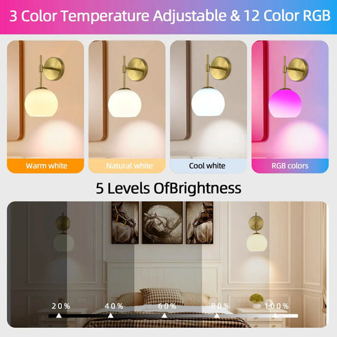 Battery Operated Wall Sconces Set Of Two Rechargeable Gold Milk Glass Wireless Lighting showcasing adjustable color temperatures and brightness levels.
