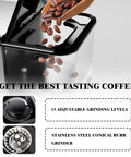Super Automatic Espresso Machine Packs 20 Bar Pressure And Built In Conical Burr Grinder with coffee beans and grinder settings.