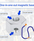 One-in-one-out magnetic base with two-part openings and one-point mouth for rugged shop workhorse machine lubricator use.