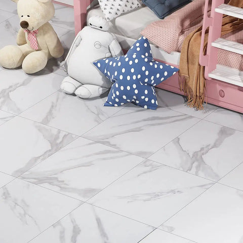 Gray And White Marble Peel And Stick Vinyl Floor Tiles 12x12, 32-Pack, Waterproof Removable DIY Flooring For Bathroom Kitchen Living Room Bedroom, No Grout Needed, Easy Install, Durable Thick Vinyl