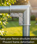 Installed 4 Pack Aluminum Gate Corner Elbows For Chain Link Fences, 90 Degree Angle Connector For 1-3/8 Inch Pipe, in use.