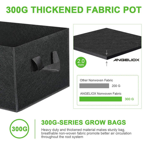 3 Pack 10 Gallon Heavy Duty Grow Bags With Thick 300G Nonwoven Fabric showing a corner view with handles and fabric thickness