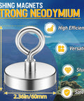 Silver neodymium fishing magnet with top ring pull and flat base, 2.36in diameter
