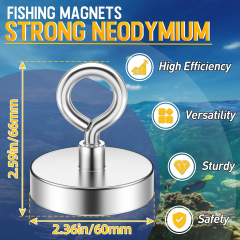 Silver neodymium fishing magnet with top ring pull and flat base, 2.36in diameter