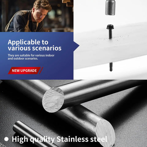 Gauge 8 By 3 4 Inch Self Drilling Screws 215 Piece Pack Hex Washer Head 410 Stainless Steel Sheet Metal Fastener in use with stainless steel rods.