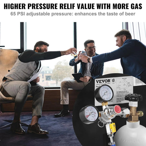 VEVOR double-gauge CO2 regulator with 0-60 PSI gauges for draft beer/homebrew, connected to gas cylinder