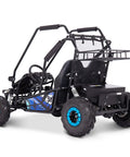 Rear angle view of Mud XL 60V 2000W Electric Go Kart With Front And Rear Suspension Two Seat Off Road ATV Style, steel frame, blue rims.