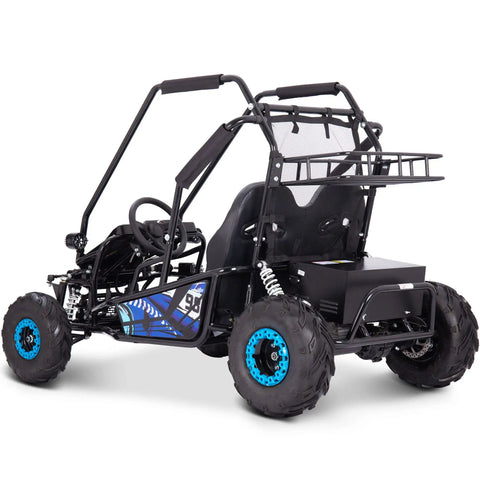 Rear angle view of Mud XL 60V 2000W Electric Go Kart With Front And Rear Suspension Two Seat Off Road ATV Style, steel frame, blue rims.