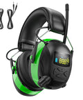 AM FM Radio Ear Protection Headphones With Backlit Color Display And 120 Hour Battery Life Rechargeable Hearing Protector Earmuffs With 30dB Noise Reduction For Mowing Construction Work Green, shown with audio cables