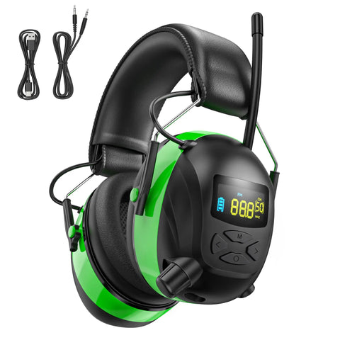 AM FM Radio Ear Protection Headphones With Backlit Color Display And 120 Hour Battery Life Rechargeable Hearing Protector Earmuffs With 30dB Noise Reduction For Mowing Construction Work Green, shown with audio cables