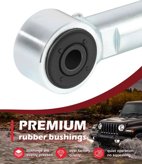 Beefed-Up Front Adjustable Track Bar For Jeep Wrangler JK JKU 2007 Through 2018 Fits 1-6 Inch Lift 1.5 Inch OD Solid Steel Panhard Bar Eliminates Death Wobble Maintenance Free Sealed Bushing Black, close-up of black rubber bushing