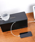 Foldable Large Cable Management Box For Desks Cord Hider And Power Strip Concealer In Strong ABS Durable Black on wooden desk