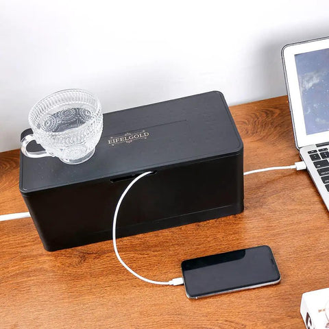 Foldable Large Cable Management Box For Desks Cord Hider And Power Strip Concealer In Strong ABS Durable Black on wooden desk