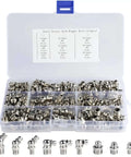 Solid 115 Piece Grease Fitting Kit With M6 M8 M10 Straight And 45 90 Degree Zerk Nipples Plated Nickel Check Valve Assortment For Cars And Trucks, open case