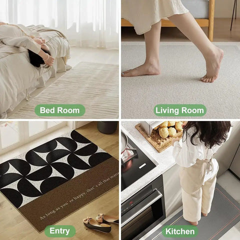 Collage showing uses of 12 Pcs Grippers For Hardwood Floors in bedroom, living room, entry, and kitchen settings.