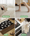 Non Slip Rug Tape 4 Pack For Hardwood Floors And Tile That Keeps Area Rugs Flat And Stays Put with scenes in bedroom, living room, entry, kitchen