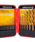 15-piece cobalt drill bit set in red plastic storage case with M35 HSS twist bits