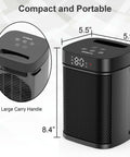 Compact Indoor Space Heater With Remote, 1500W PTC Ceramic, shown with dimensions and carry handle for easy portability.