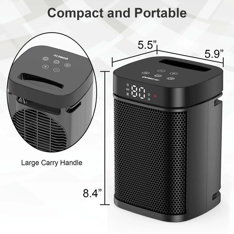 Compact Indoor Space Heater With Remote, 1500W PTC Ceramic, shown with dimensions and carry handle for easy portability.