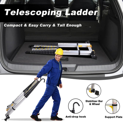 26.2 Foot Telescoping Aluminum Ladder With Hooks folded in SUV cargo area, compact portable extension ladder