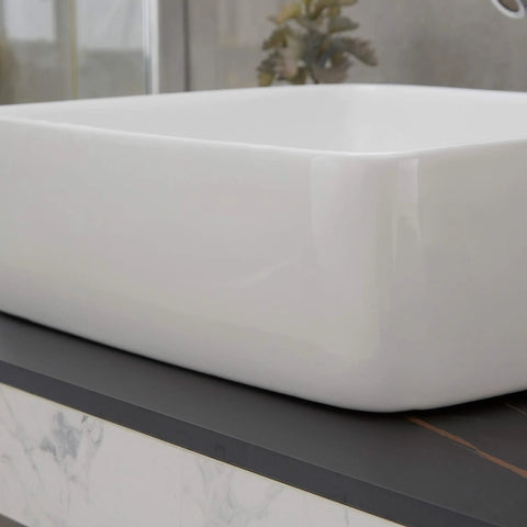Rectangle Vessel Sink With Pop Up Drain Included For Above Counter Bathroom White Porcelain Ceramic Vanity Basin 14.6 X 18.9 X 5.2 Inches Without Faucet Hole
