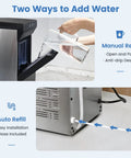 Countertop Nugget Ice Maker Featuring Clear Viewing Window In Silver Finish shows manual and auto refill options for easy use.